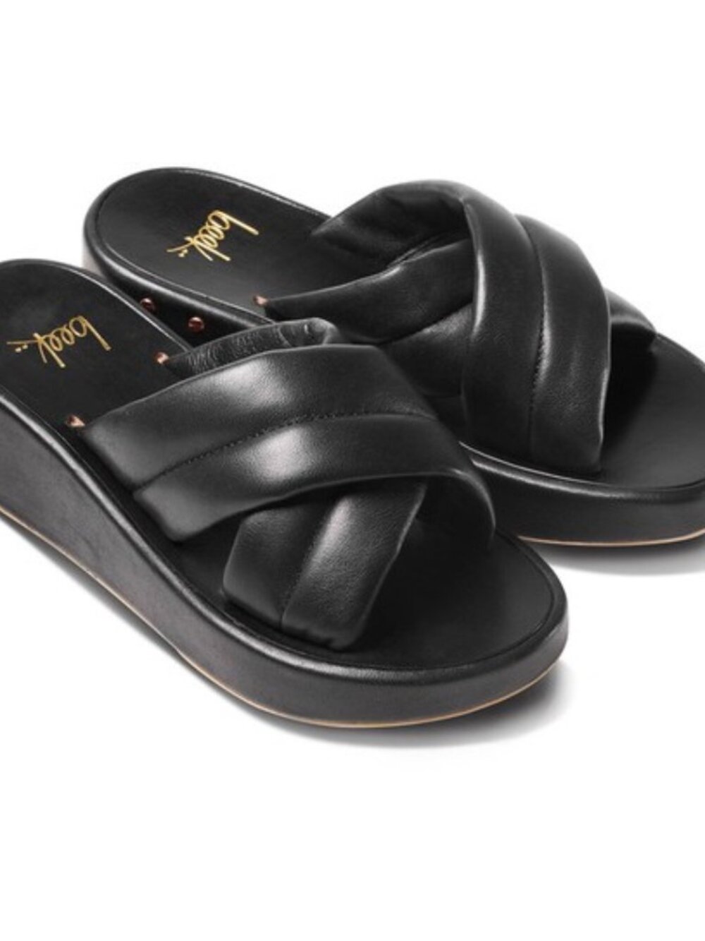 Beek Stork Black Leather Wedge Slide Sandals Size 9